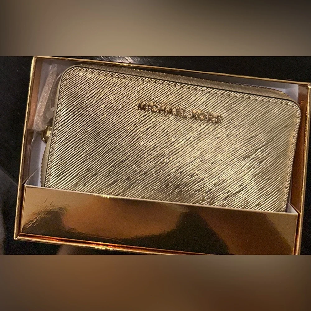 New Michael Kors Metallic Gold Zip-Around Wallet